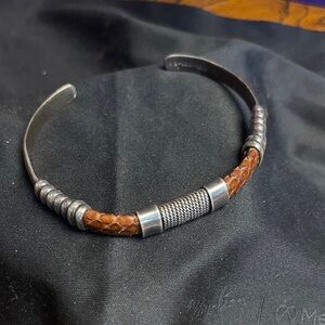 Brown and Sterling Silver Womens or Men's Bracelet with leather wrap